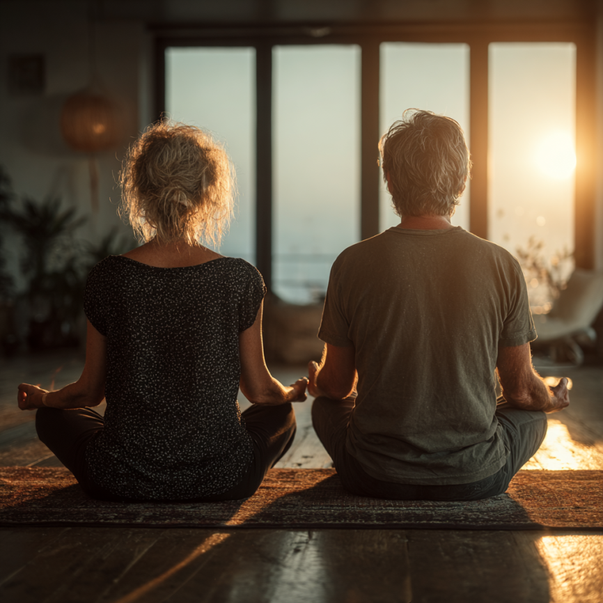 Група літніх людей займається йогою в спокійній обстановці